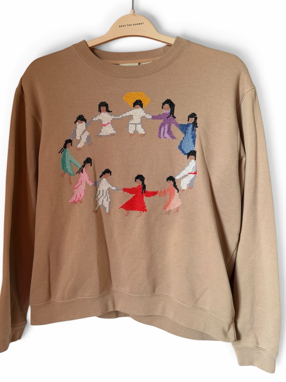 Vintage Crewneck Sweater Multicolor Embroidered Friendship Ring Handmade Stitch